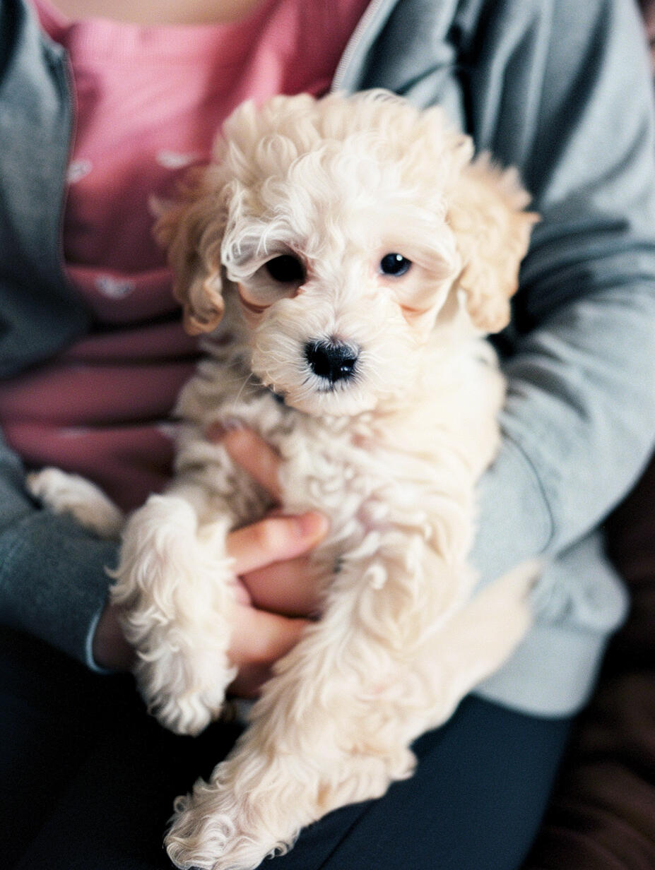 maltipoo doodle dog breed puppy in the arms of its owner